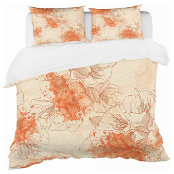 Handdrawn Asian Flowers With Orange Floral Duvet Cover, Queen
