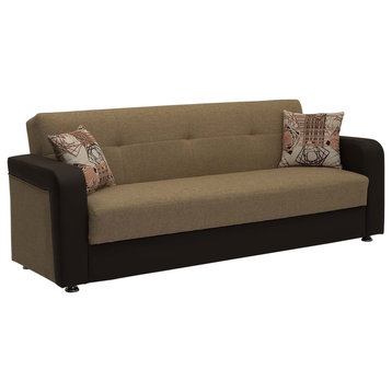 Modern Sleeper Sofa, Buttonless Tufted Back, Brown Chenille/Brown Leatherette