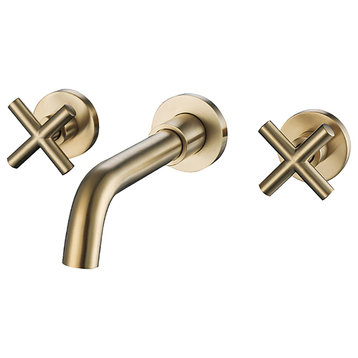 Two Handle Wall Mount Bathroom Sink Faucet with Rough-in Valve, Brushed Gold
