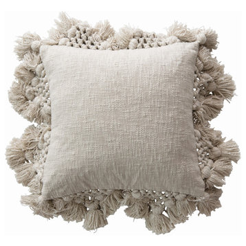 Square Crochet and Tassels Cream Cotton Slub Pillow