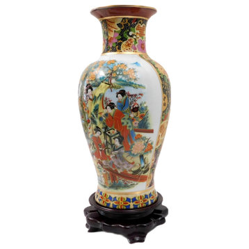 Japanese Satsuma Vase With Peacock and Geisha Design, 12"