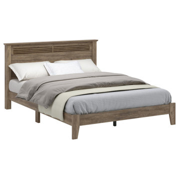 Harlowin Louvered Wood Frame Queen Platform Bed with Headboard, Knotty Oak