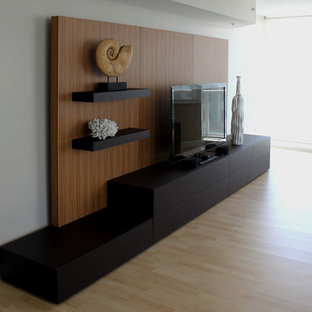 Inspiration for a modern home cinema in Miami with light hardwood flooring.