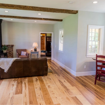 Engineered, Character Hickory Floor - Living Room with Wood Stove