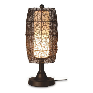 30" Table Lamp, 2" Bronze Tube Body, Random Weave Walnut Wicker Barrel Shade