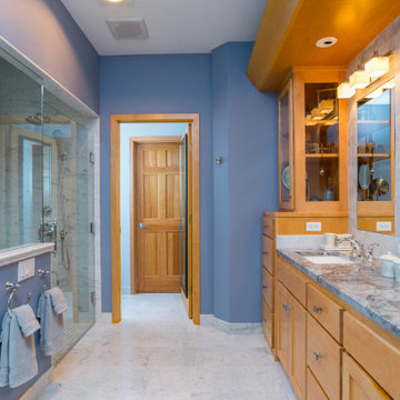 Traditional Carrara Marble Primary Bath Refresh With Maple Vanity