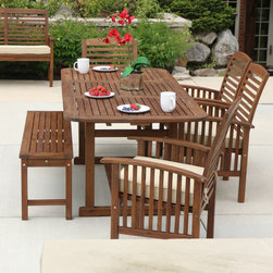 6 piece Acacia Wood Dining Set with Bench - Dark Brown - Outdoor Dining Sets