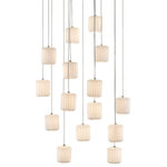 Currey & Company - Dove Round 15-Light Multi-Drop Pendant - The Dove Round 15-Light Multi-Drop Pendant has pleated shades made of pale ceramic that diffuse the light wafting through them. The indentions and ridges on the shades of the white pendant bring a textural feel to this luminary even though it is monochromatic. This fixture is among Currey & Company's introduction of cluster lights, which includes 1-light up to 36-light configurations.