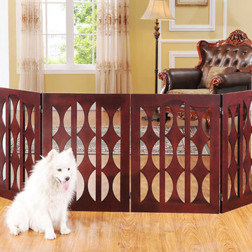 Emma Four Panel, 32 inch Pet Gate with Geometric Design in Mahogany Wood by Eleg