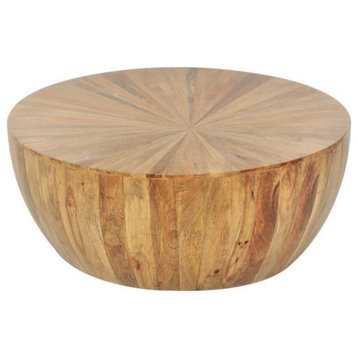 18" Round Solid Wood Drum End Accent Table Rustic Sunburst