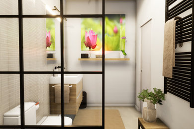 Foto de cuarto de baño principal, largo y estrecho, único, flotante y beige y blanco moderno pequeño con armarios con paneles lisos, puertas de armario beige, ducha a ras de suelo, sanitario de una pieza, baldosas y/o azulejos beige, baldosas y/o azulejos de cerámica, paredes blancas, suelo de baldosas de cerámica, lavabo de seno grande, encimera de acrílico, suelo beige, ducha abierta y encimeras blancas