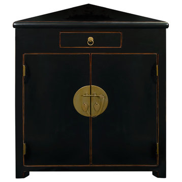 Distressed Black Elmwood Ming Style Oriental Corner Cabinet