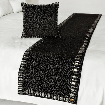Decorative Black Velvet Full 68"x18" Bed Runner With Pillow Cover Mosaic Noir