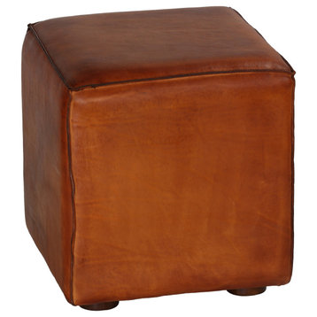 Sands Genuine Leather Cube Ottoman, Saddle Brown
