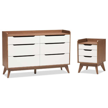 2 Piece Modern Dresser and Nightstand Set in White and Walnut