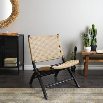 Contemporary Folding Accent Chair, Slanted Wood Frame and Woven Seat, Black