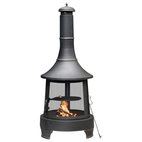 30" Diameter Outdoor Steel Woodburning Chimney Firepit, Cooking Grill