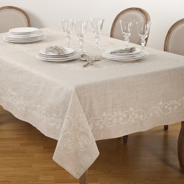 Embroidered Swirl  Natural Linen Blend Tablecloth, 67"x120"
