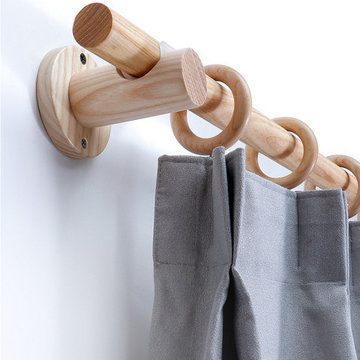 QYT03 1-1/8" Ash Wood Ball Bracket Single Double Curtain Rod Sets
