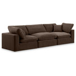 Meridian Furniture - Comfy Upholstered Modular Sofa, Brown, 3-Piece: 1 Armless Chair, 2 Corner Chair, Velvet - Give your space a whole new look with this brown Comfy velvet sofa. This handsome sofa fits nicely with other items in the Comfy collection and is a versatile seating option designed for adaptability, comfort and style. Wrapped in rich brown durable velvet upholstery, this sofa offers a plush embrace of overstuffed down feather cushions, carefully crafted to deliver the highest level of comfort. The perfect seat for creating an oasis for relaxation, this sofa has thick foam surrounding its frame for added support and coziness.