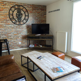 Idee per un piccolo soggiorno industriale aperto con pareti multicolore, parquet chiaro e TV autoportante