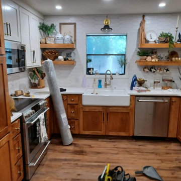 Completed Two-Tone Kitchen Remodel with Floating Shelves & Farmhouse Sink
