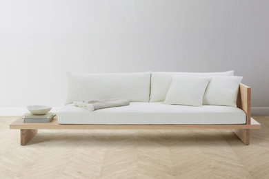 The Muir Sofa in Alabaster Performance Chenille and Natural Ash finish