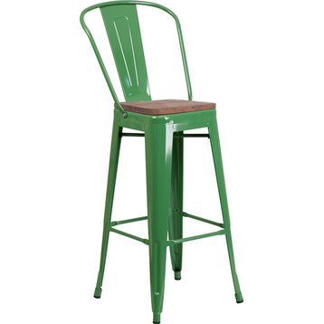 30" High Green Metal Barstool With Back and Wood Seat