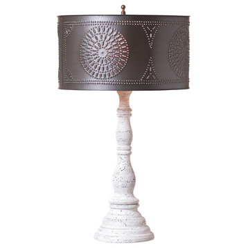Punch Tin Drum Table Lamp, Heavily Distressed, Crackled White Over Black