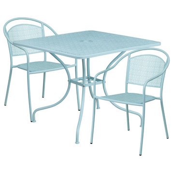 35.5'' Square Indoor-Outdoor Steel Patio Table and 2 Round Back Chairs, Blue