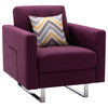 Victoria Linen Fabric Armchair With Metal Legs, Side Pockets and Pillow, Purple
