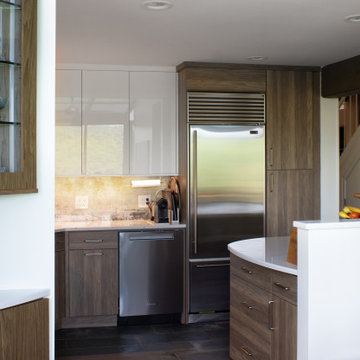 Glossy White + Warm Wood Kitchen