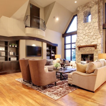 Stone surround with timber mantle