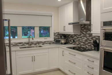 Inspiration for a mid-sized contemporary l-shaped laminate floor and multicolored floor kitchen remodel in Other with an undermount sink, raised-panel cabinets, white cabinets, granite countertops, multicolored backsplash, mosaic tile backsplash, stainless steel appliances and white countertops