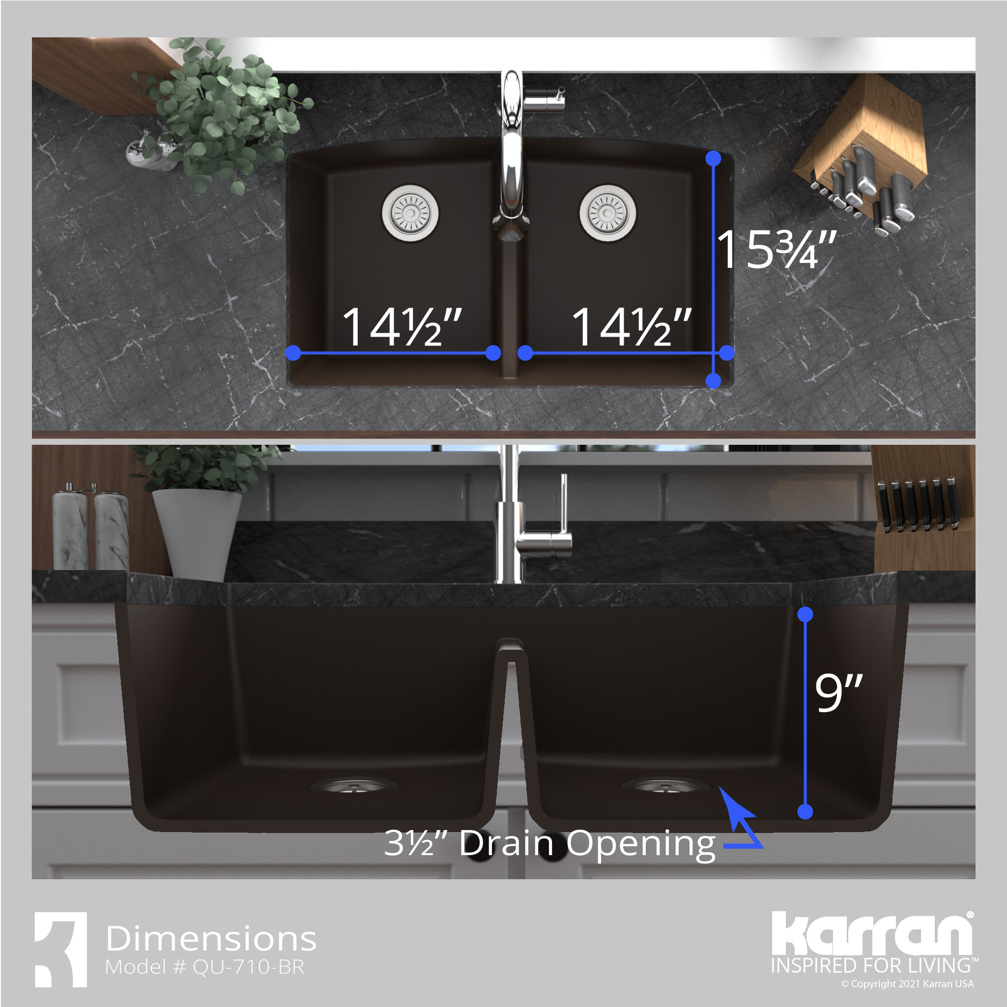 Karran Undermount Quartz 32" 50/50 Double Bowl Kitchen Sink Kit, Brown
