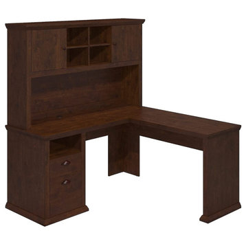 L Shaped Desk, Integrated Tall Hutch With Wooden Cabinet Doors, Antique Cherry