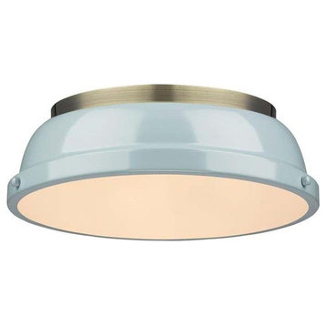 Duncan 14" Flush Mount in Aged Brass with a Seafoam Shade