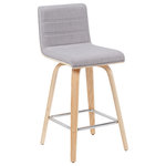Armen Living - Vienna Counter Height Swivel Bar Stool With Grey and Patterned Oak - Elevate your kitchen, bar, or dining area with the Vienna Swivel Stool Collection ' a modern essential that combines mid-century charm with functional comfort. Designed for daily use and entertaining alike, Vienna's 360-degree swivel and armless frame provide effortless movement and easy conversation flow. The gently curved backrest supports posture alignment while keeping the profile sleek and space-saving. The Vienna stool is built on a strong wood frame with four splayed legs and a square steel footrest for added durability and a clean, modern edge. The seat and backrest are generously padded with high-density foam and finished in your choice of smooth vegan leather or performance fabric for elevated comfort and easy maintenance. Originally offered in a walnut finish with cream, brown, or gray vegan leather, and a black brushed finish with gray vegan leather, the collection now features even more design-forward combinations. Explore updated variants including snow white vegan leather with walnut, black brushed, or patterned oak finishes; vintage-inspired blue, green, and black tones paired with walnut finish frames; and bold red or soft gray performance fabrics on brushed or patterned wood finishes. Available in both counter height and bar height, Vienna offers a versatile range of styles to suit your space. With its timeless look and enduring quality, this collection brings warmth, elegance, and comfort to any interior.