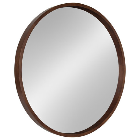 Hutton Round Decorative Wood Framed Wall Mirror, Walnut Brown, 30 Diameter