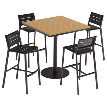 Travira 5-Piece 36" Square Bar Table and Eiland Aluminum Bar Stools Set, Carbon