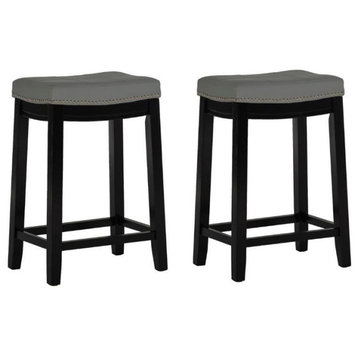 Home Square 2 Piece PU Upholstery Wood Counter Stool Set in Gray