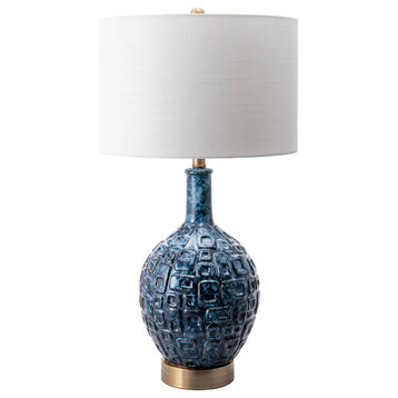 nuLOOM 28" Tegular Ceramic Flask Linen Shade Blue, 3-Way Switch Table Lamp