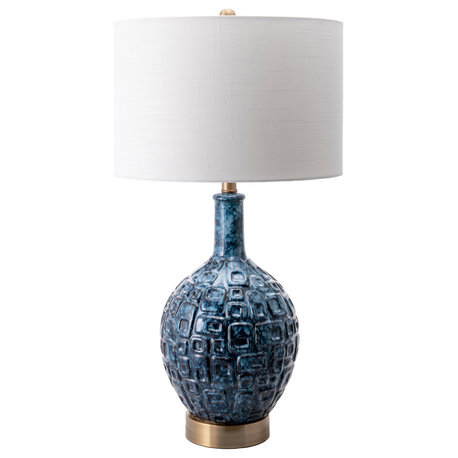 Nuloom 28" Tegular Ceramic Flask Linen Shade Blue, 3-Way Switch Table Lamp