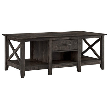 Farmhouse Coffee Table, Drawer & Open Shelves With X-Accents, Dark Gray Hickory