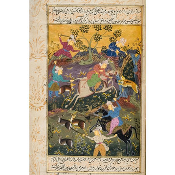 Painting From 17Th Century Persian Manuscript Hunters Mounted And On Foot Killin