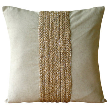 Beige Cotton Linen 22"x22" Jute Cord Pillows Cover, Linen Memories