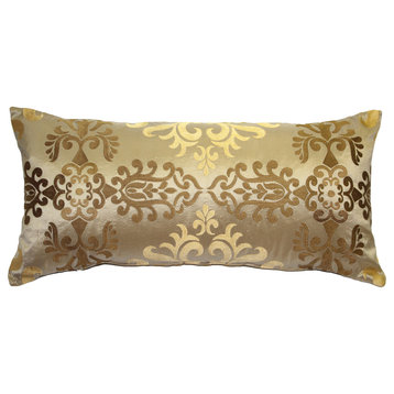 Sumatra Silk Embroidery Decorative Throw Pillow, Gold Wreath, 12"x24"