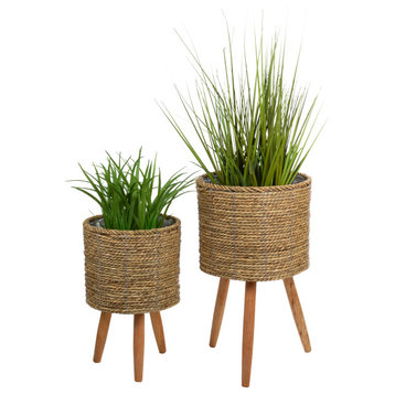Decorative Natural Mat Grass Planter Set With Wooden Legs, 2-Piece Set, Beige