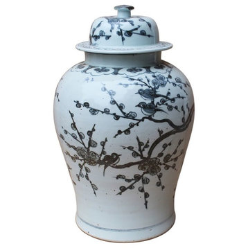 Black and White Porcelain Floral Bird Motif Temple Jar, 20"