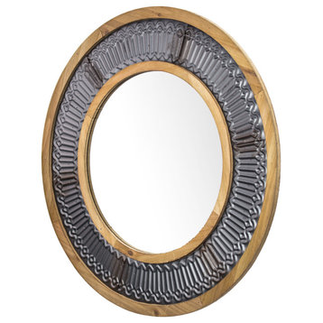 Rustic Wood and Metal Framed Wall Mirror - Round  (31")